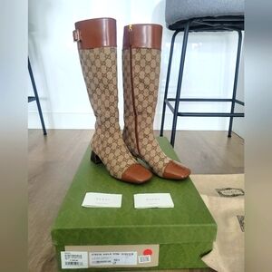 Gucci Brown Monogram Canvas & Leather Knee Boots